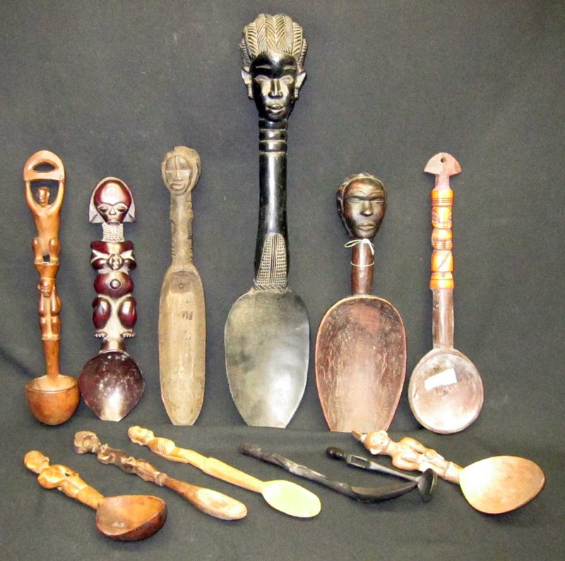 AFRICAN SPOONS & LADLES (12): Assorted tribes; carved wood; one has bone handle; minor scuffs; one has split; H-7"-24", G-VG