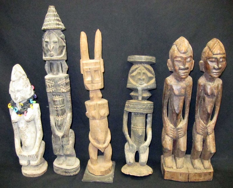 AFRICAN FIGURES (5) DOGON TRIBE MALI: Carved wood; scuffs, splits and chips; H-16"-24", F-G