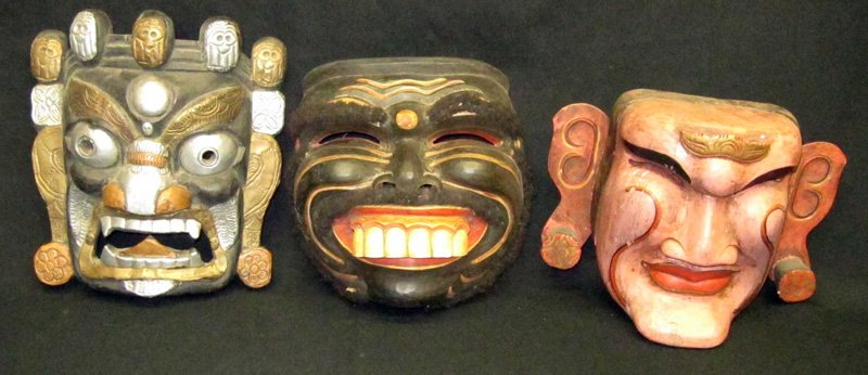 INDONESIAN THEATRE MASKS (3): Painted carved wood; (1) has metal embellishments; scuffs and minor paint loss; H-12" tallest, G-VG
