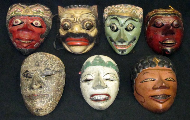 INDONESIAN THEATRE MASKS (14): Painted carved wood; scuffs, minor bug damage; H-9", F-G