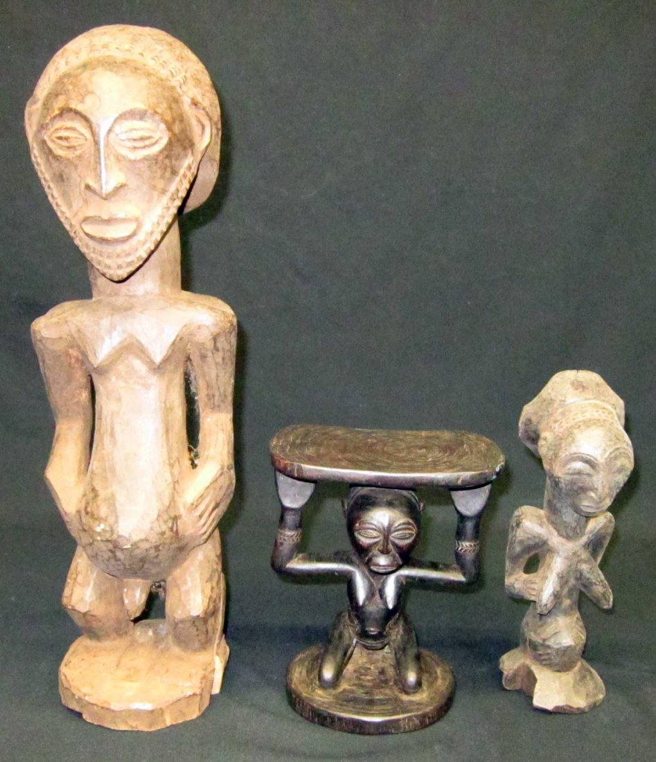 AFRICAN HEMBA TRIBE DRC CARVINGS (3): Head rest and ancestor figures; some splits, chips, bug damage, and scuffs; tallest H-19", F-G