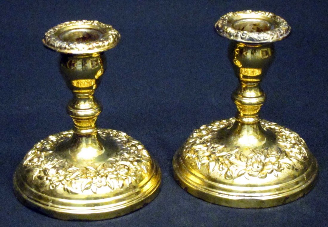PAIR S. KIRK & SON REPOUSSE CANDLE HOLDERS: Vermeil finish; some dings and dents; H-4 1/2", F