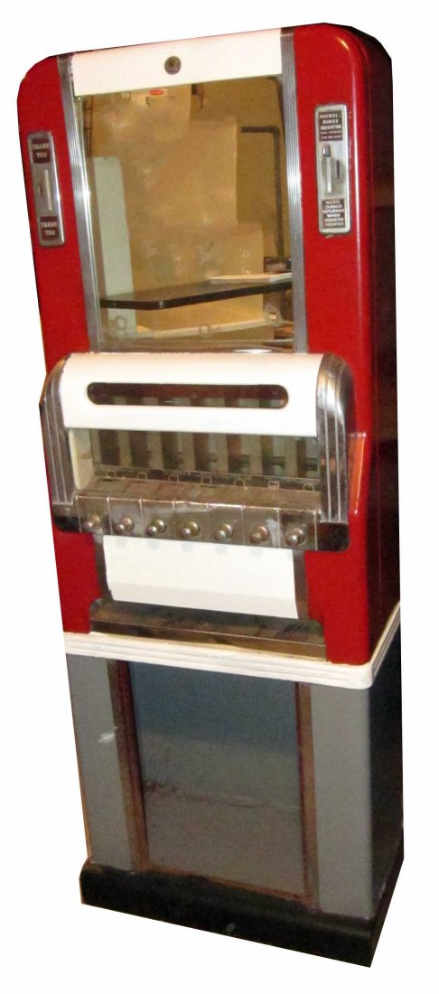 NATIONAL VENDOR CIGARETTE MACHINE: Re-painted metal and chrome; some rust and pitting; missing lower panel; H-62", L-23", F-G