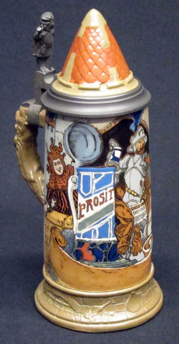 METTLACH STEIN: #2580, tiered roof lid, 1/2 L, incised mark; some interior staining; H-10", G-VG