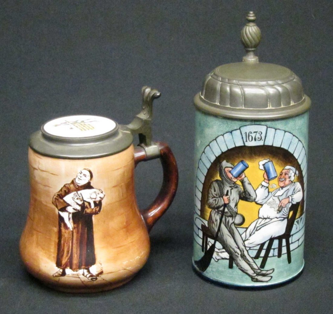 STEINS (2): Painted ceramic, (1) Ohara Dial Co., stamped mark; (1) Mettlach 1/2 L, stamped mark #5444; H-6 1/4" - 8 3/4", G-VG