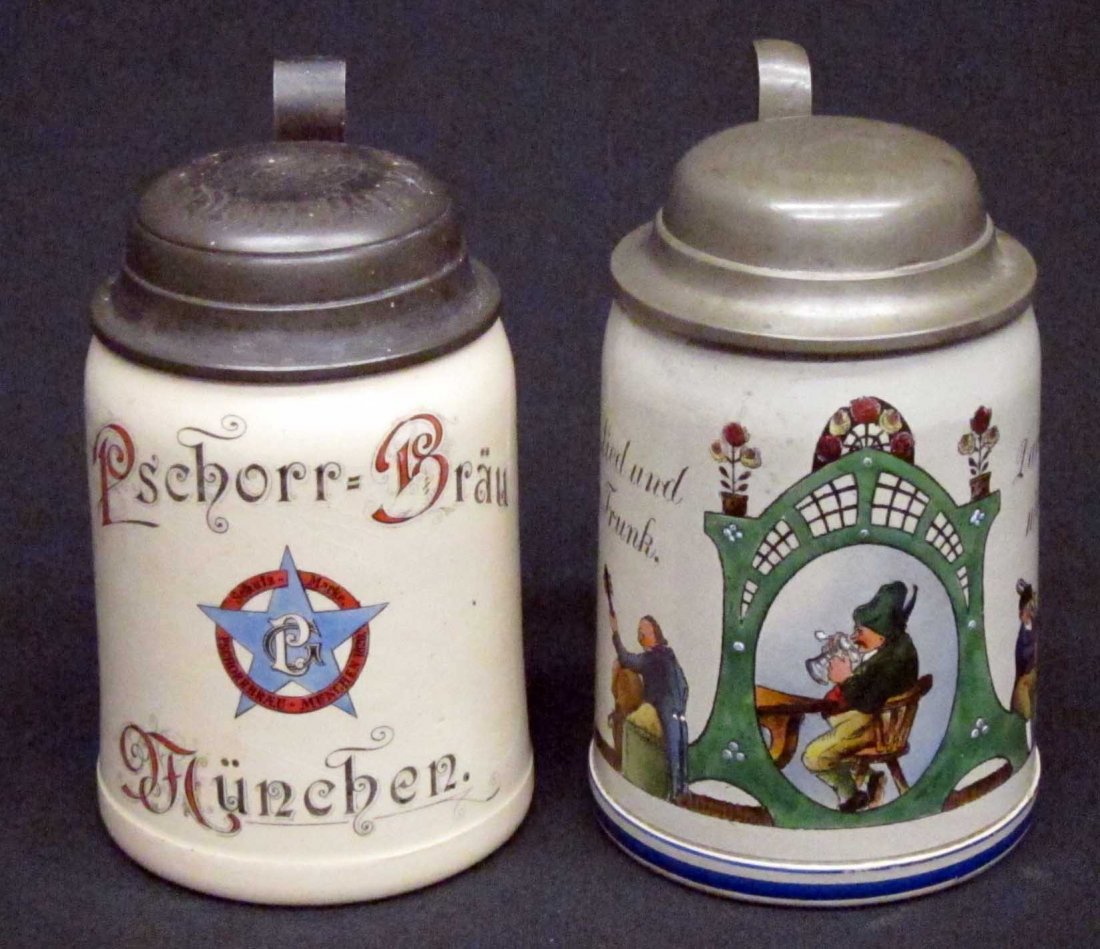 STEINS (2): Ceramic and stoneware; 1/2 L; transfer and painted; H-6", G