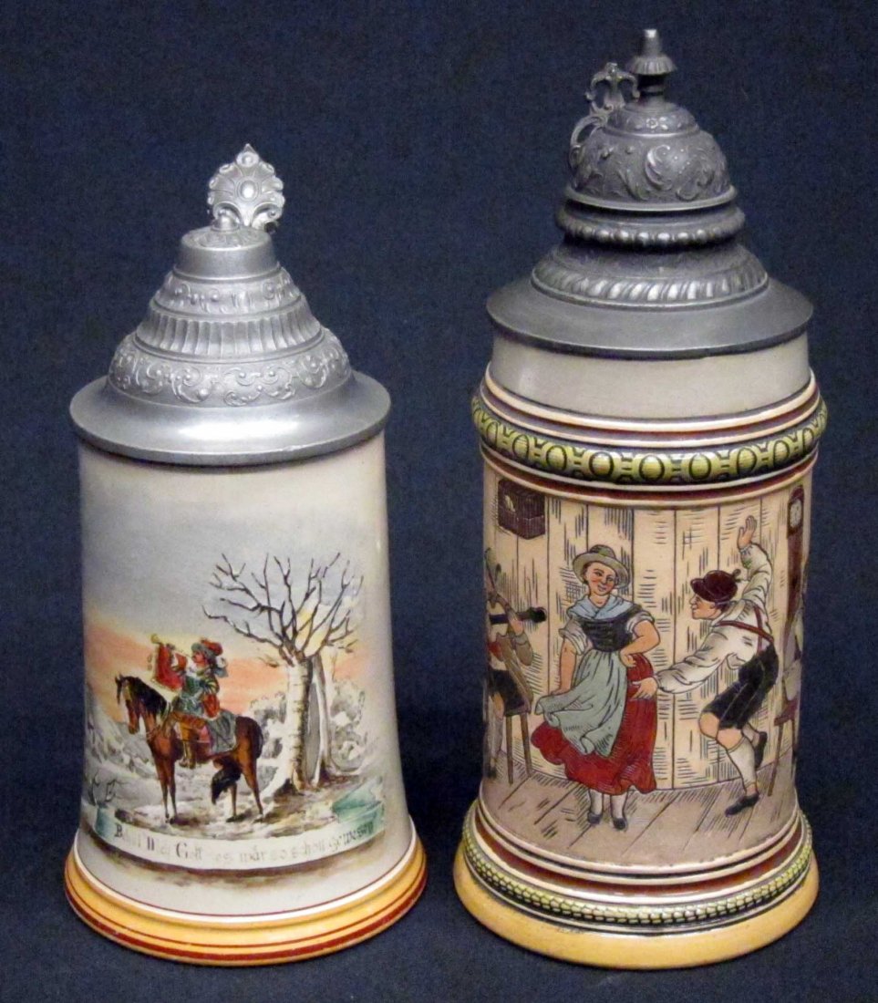 STEINS (2): (1) 1/2 L, #160, engraved and painted tavern scene; (1) 1/2 L, #538, transfer and paint decorated; H-9 3/4" - 7 3/4", G-VG