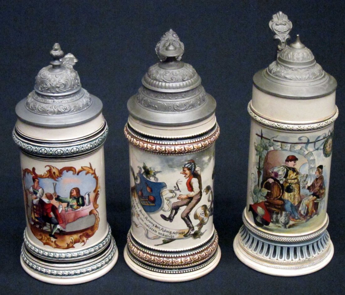 STEINS (3): 1/2 L, (1) #1145 R. H. Germany, transfer and painted design, (2) painted scenes; H-9 1/2" - 9 3/4", G-VG