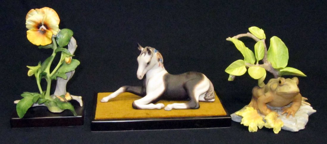 CYBIS FIGURES (5): Minor chip on lower leaf of frog; Tallest H-8 1/4", Longest L- 8 1/4", VG-EX