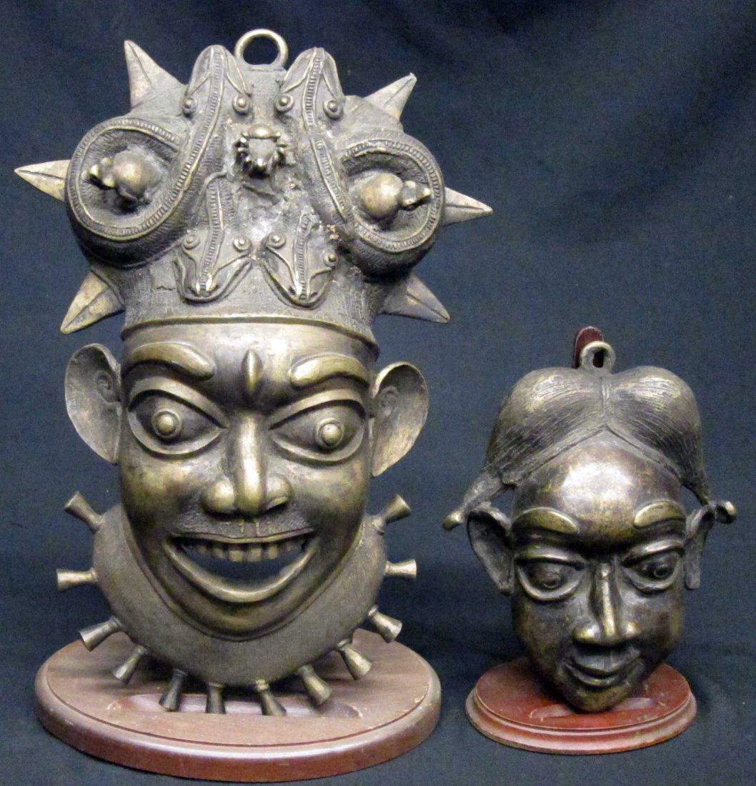 AFRICAN BRONZE ITEMS (5): (2) masks, box, jar, figure; tallest 16", G-VG