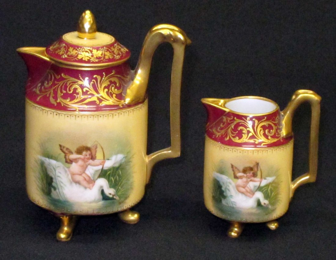 ROYAL VIENNA TEAPOT & CREAMER: Beehive mark; Rudolstadt; "Culprit of Swan"; handpainted; H-4"-5 1/2", VG-EX