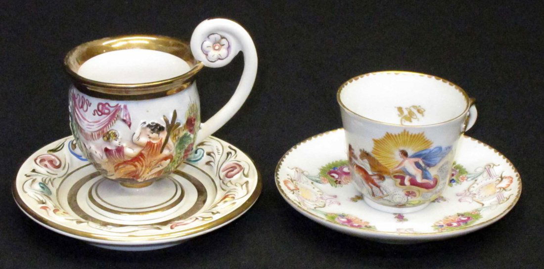 CAPODIMONTE DEMITASSE CUPS & SAUCERS (2): H-2 1/2" - 4", VG-EX