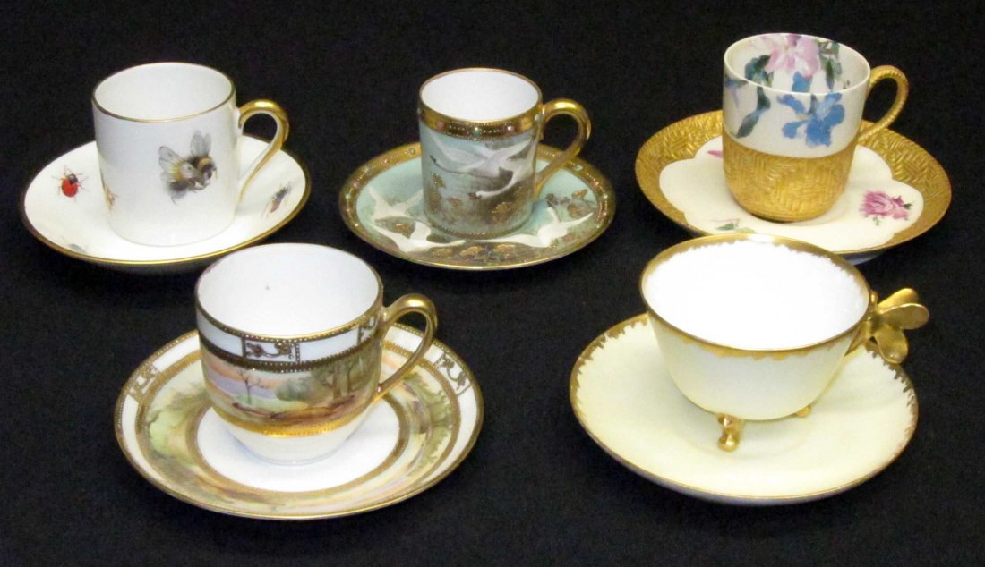 DEMITASSE CUPS & SAUCERS (5): Nippon, Limoges; H-2 1/2", VG-EX