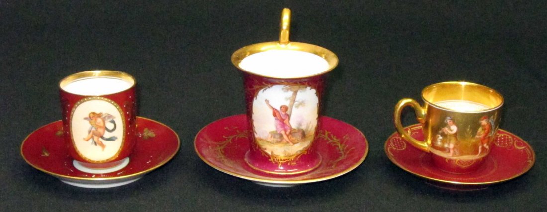 ROYAL VIENNA DEMITASSE CUPS & SAUCERS (3): Mostly handpainted; (1) Ernte Fest, (1) Henktor, (1) Hustriol (?); H-2"-4", VG