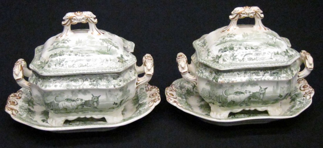 SPODE AESOP'S FABLES POTTERY: Dog and wolf, crow and pitcher; pair tureens and under plates; mid 19th century; green transfer with gilt embossed handles; H-6 1/2", G