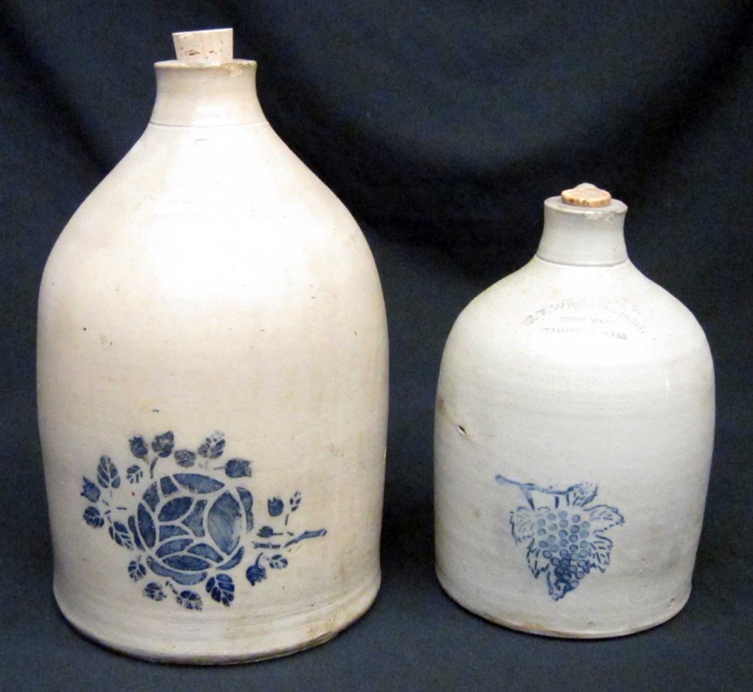 BLUE DECORATED STONEWARE JUGS (2): F. T. Wright & Son - Taunton Mass; both stenciled with fruit; larger incised 2 Gal; H-11" - 14", G-VG