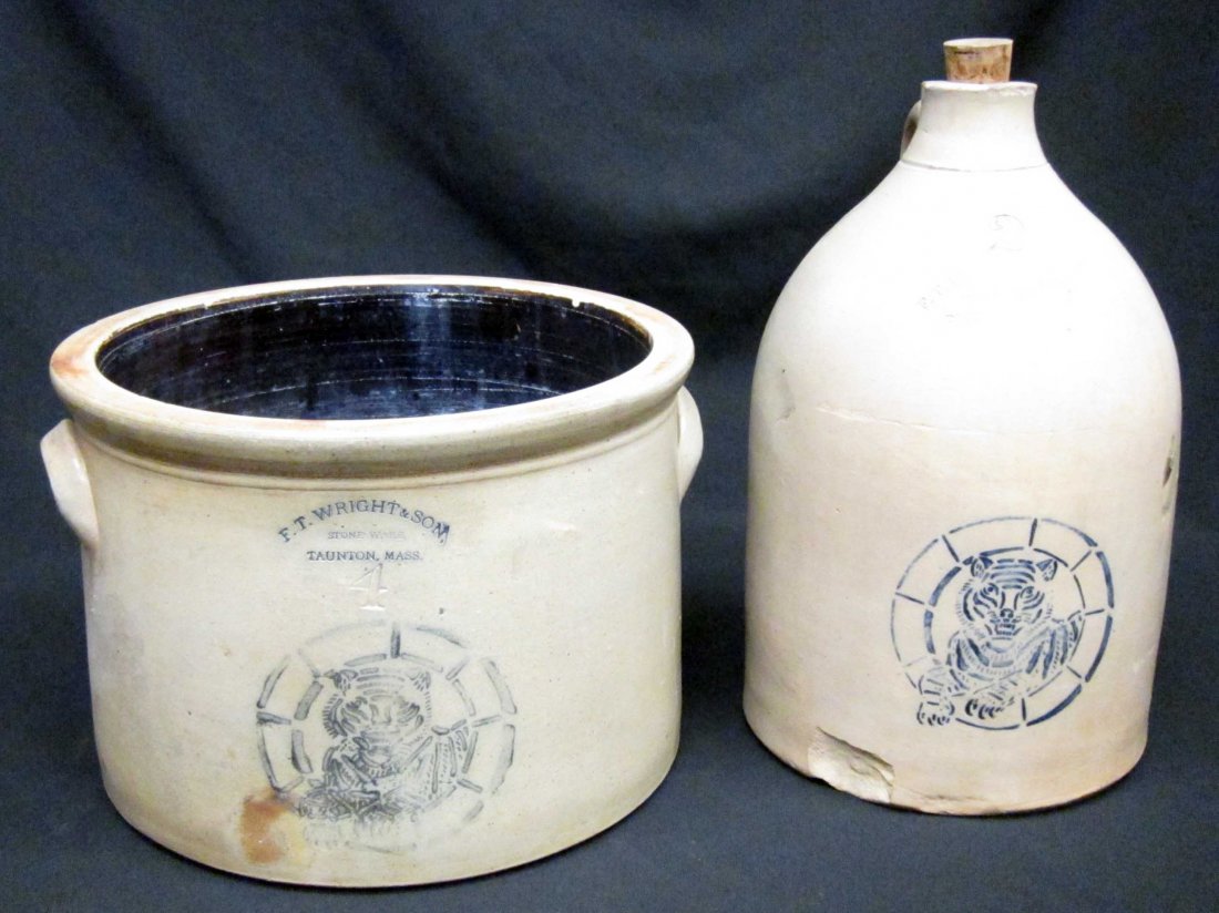 BLUE DECORATED STONEWARE: F. T. Wright & Son Taunton Mass.; both stenciled with tigers; (1) crock, incised 4 Gal, rim chips; (1) jug incised 2 Gal, large base chip; H-9"-14", F-G