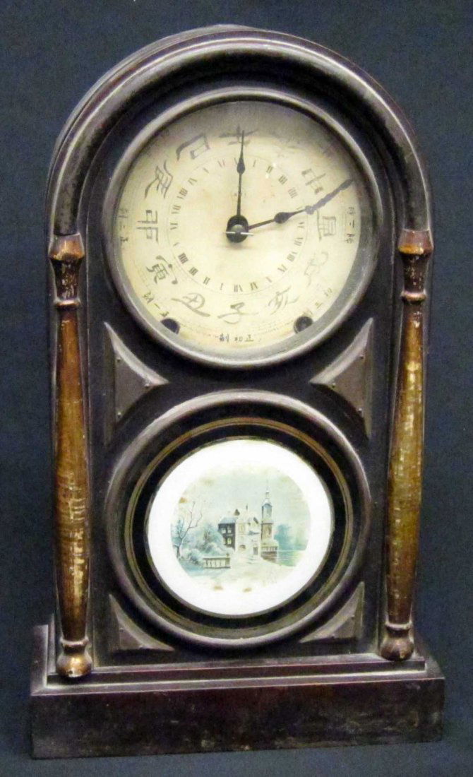 SETH THOMAS MANTLE CLOCK: Japanese characters and Roman numeral dial; may be military; 8 Day; scratch on dial; H-17 1/2", F-G