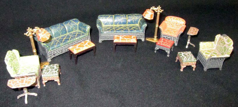 TOOTSIETOY DOLL HOUSE FURNITURE (16+/-) PIECES: Mostly painted crackle finish; some wear and loss; sofa L-3 1/2", F-G