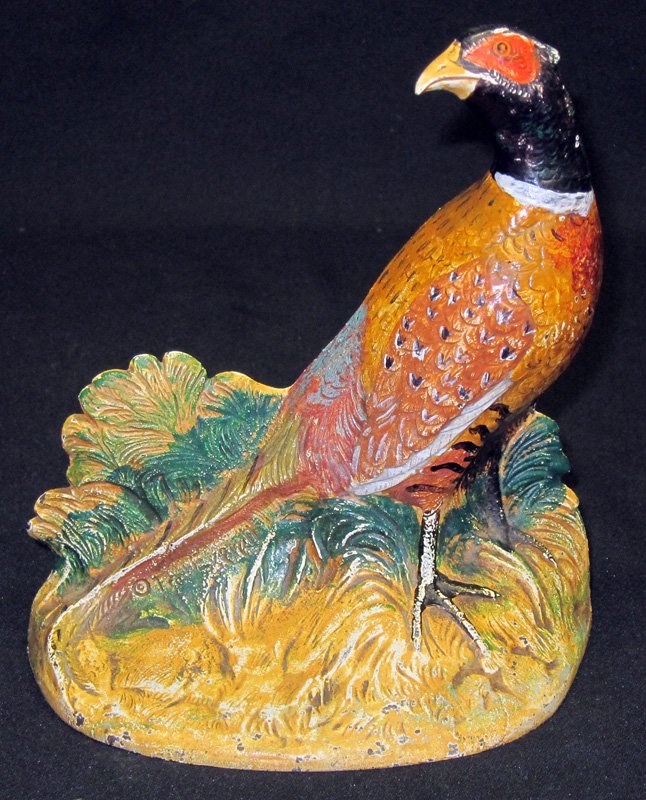 COCK PHEASANT DOORSTOP: Hubley, painted cast iron; wear and rubs; H-9", VG-VG+