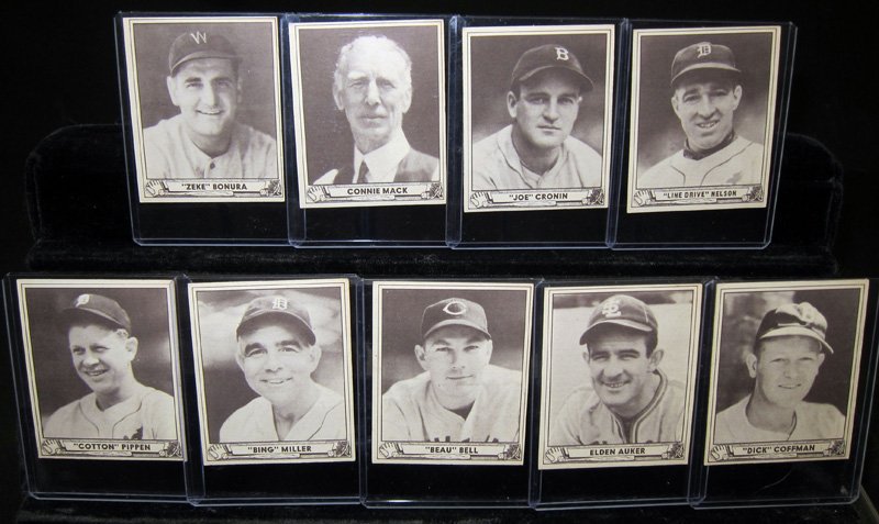 PLAY BALL 1940 BASEBALL CARDS (9): #131 Bonura, #132 McGillicuddy, #134 Cronin, #135 Nelson, #136 Pippen, #137 Miller, #138 Bell, #139 Auker, #140 Coffman; uneven borders; minor edge damage; G-VG