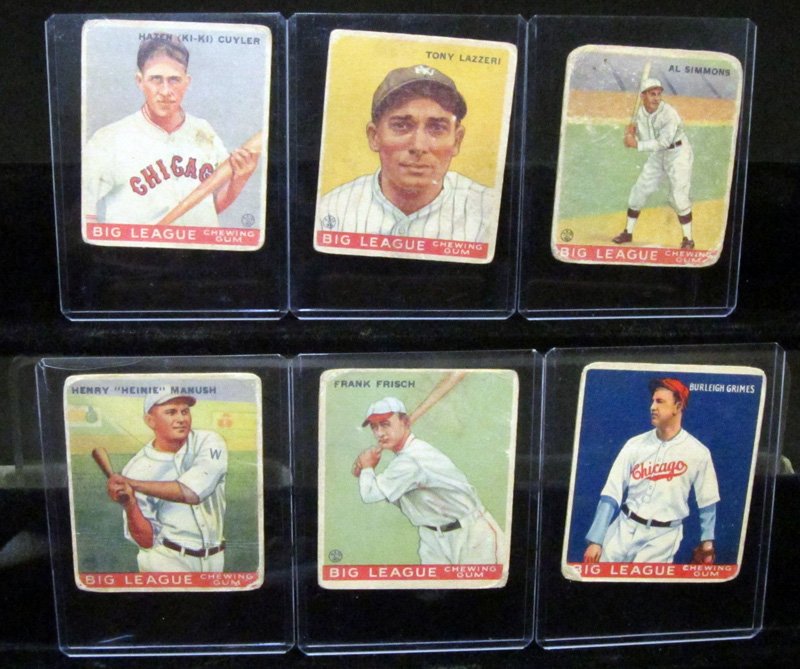 GOUDEY 1933 BASEBALL CARDS (6): #23 Cuyler, stains; #31 Lazzeri, stains and rubs; #35 Simmons, stains and rubs; #47 Manush, creases and stains; #49 Frisch, crease, stains, crayon marks and rubs; #64 Grimes, creases; all with ink num
