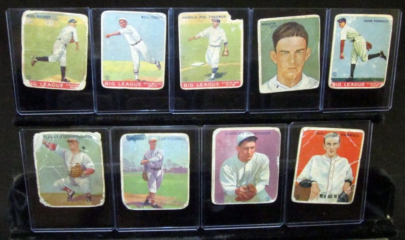 GOUDEY 1933 BASEBALL CARDS (9): #19 Dickey, significant edge damage with losses, creases; #20 Terry, edge damage, creases, rubs; #22 Traynor, significant edge damage with losses, creases, rubs; #127 Ott, edge damage, creases; #138 P