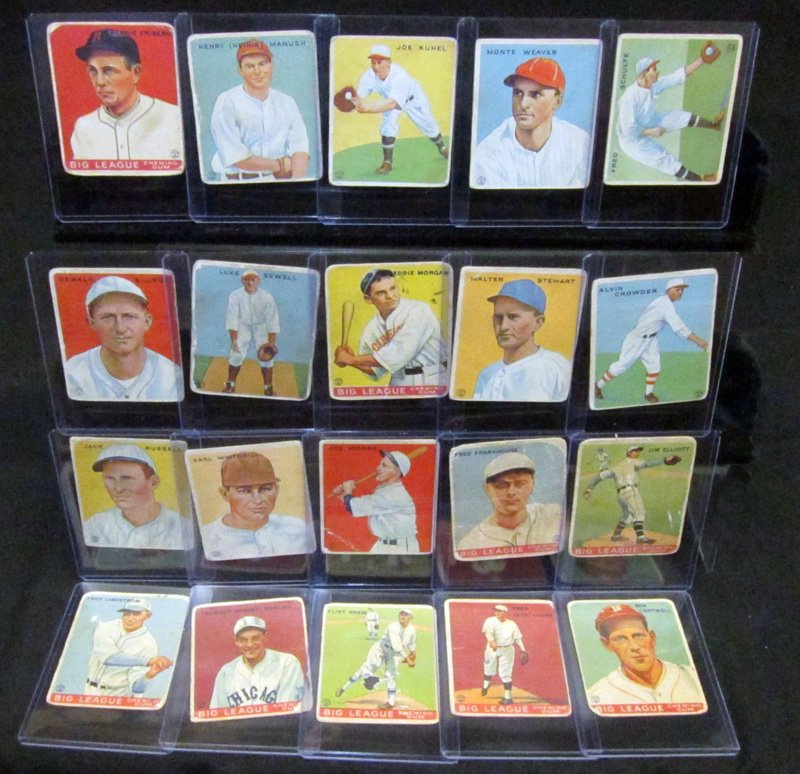 GOUDEY 1933 BASEBALL CARDS (20): #105 Friberg, creases and rubs; #107 Manush, creases and rubs; #108 Kuhel, creases and rubs; #111 Weaver, creases; #112 Schulte, creases and rubs; #113 Bluege, creases; #114 Sewell, creases and rubs; 