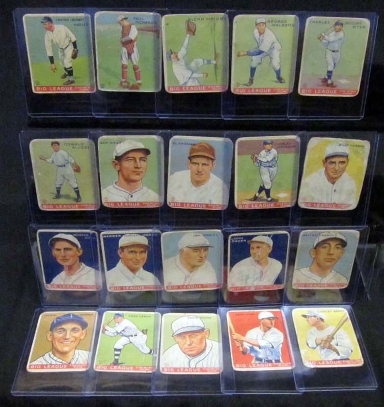 GOUDEY 1933 BASEBALL CARDS (20): #140 Hadley, creases; #142 Richards, losses and rubs; #143 Wright, creases and rubs; #145 Walberg, crease; #153 Myer, crease and rubs; #159 Bluege, crease and rubs; #166 West, losses, creases and rubs