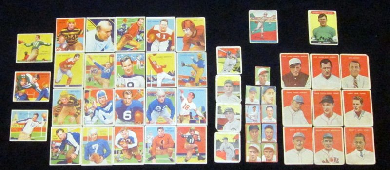 LARGE LOT OF SPORTS CARDS: Baseball, Football, Golf, etc. - 1930's, etc.; Sport Kings, Football Stars, etc. (47+/-), cards include: Jim Thorpe, Knute Rockne, Hornsby, Cronin, Bobby Jones; P-F