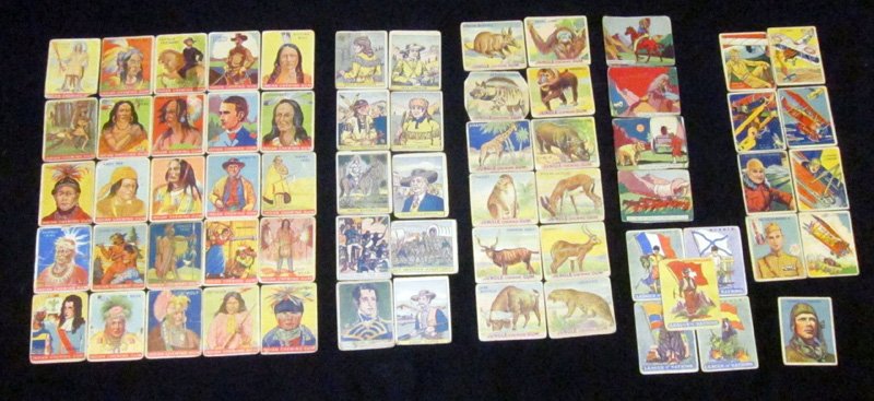 LARGE LOT OF MISC. CARDS: Indian Chewing Gum, Picture Puzzle Bubblegum, Jungle Chewing Gum, League of Nations Gum, Chicklets - Includes: Indians, Cowboys, Animals, Wild West, etc. - over 65 cards; P-F