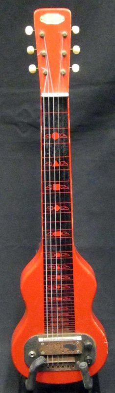 SUPRO LAP STEEL GUITAR: Red totem pole body; together with case; minor wear and rust on pick-up; L-32", F-G