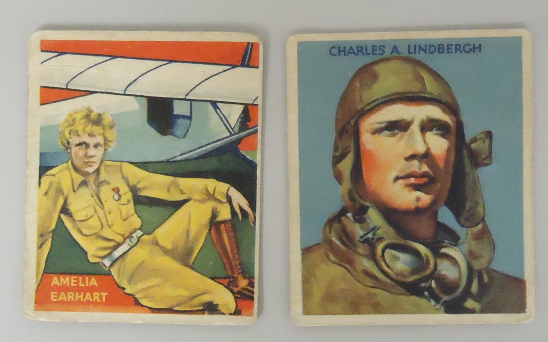 SKY BIRDS AVIATION GUM CARDS: Approximately (32)aviation themed cards, including Charles Lindbergh, Amelia Earhart and others; #7, #10, #12, #14, #24, #28, #29, #31, #33, #34, #35, #36, #41, #42, #43, #46, #47, #48, #51, #55, #56,