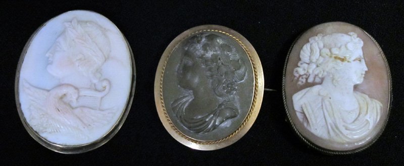 VICTORIAN CAMEO PINS (3): Shell, lava, etc.; L-1 1/2" - 2", G-VG