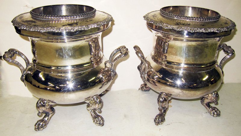 PAIR OF SHEFFIELD WINE COOLERS: Sheffield plate; from a Bowie, Maryland estate; drilled for lamps; H-11", G-VG