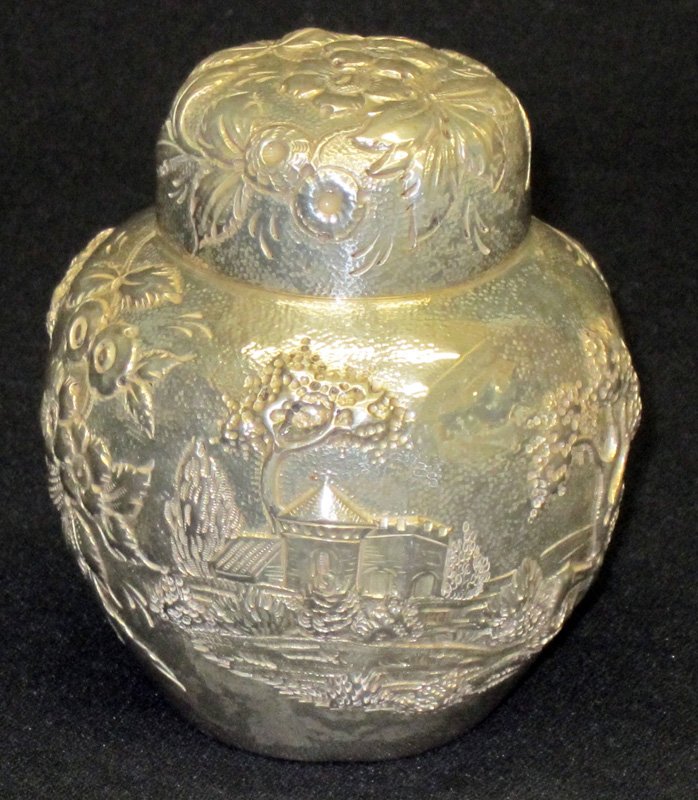 S. KIRK & SON CASTLE PATTERN TEA CADDY: Castle and floral; hand chased; #13L; scratches on bottom; polish wear; 5.5 TO +/-; H-4", G