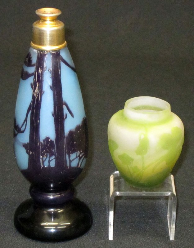 GALLE & A. DeLATTE NANCY GLASS PIECES (2): (1) Atomizer - A. DeLatte - Nancy; trees and landscape; missing spray top; (1) Vase - Galle - floral etched; H-2 1/2" - 7 1/2", G-VG