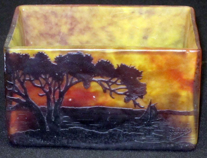 DAUM NANCY BOX / PLANTER: Art glass, lake scene with trees and sailboats; minute edge roughness; L-5 1/2", G-VG