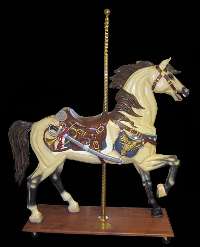 JOHN GARTON CAROUSEL HORSE: "Sugar II"; commissioned 1988; carved and painted wood horse; comes with letter of explanation and authenticity; over 150 hours of work; also accompanied by photos of various carving stages; minor che