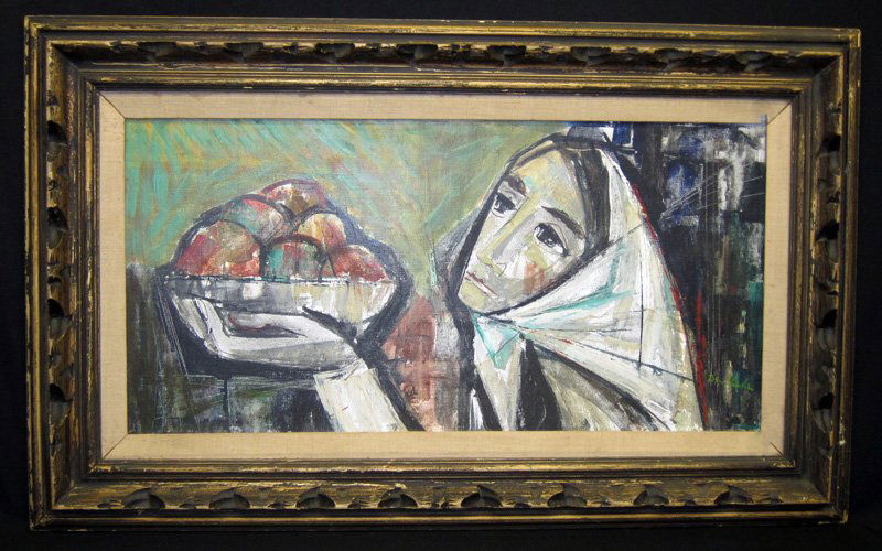 BEN SHAHN LADY WITH BOWL OF APPLES PAINTING: Moderne style painting; signed lower right; simple carved wood frame; 15" x 30", VG-EX