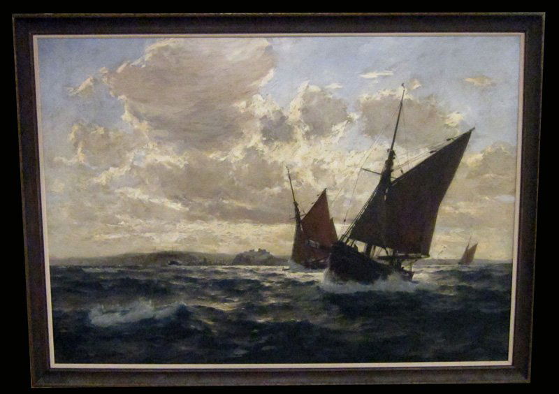 ERWIN GUNTER SEASCAPE PAINTING: Large oil on canvas; fishing boats under sail with harbor in background; signed lower left; painted wood frame; relined; some restoration; 43" x 61", G
