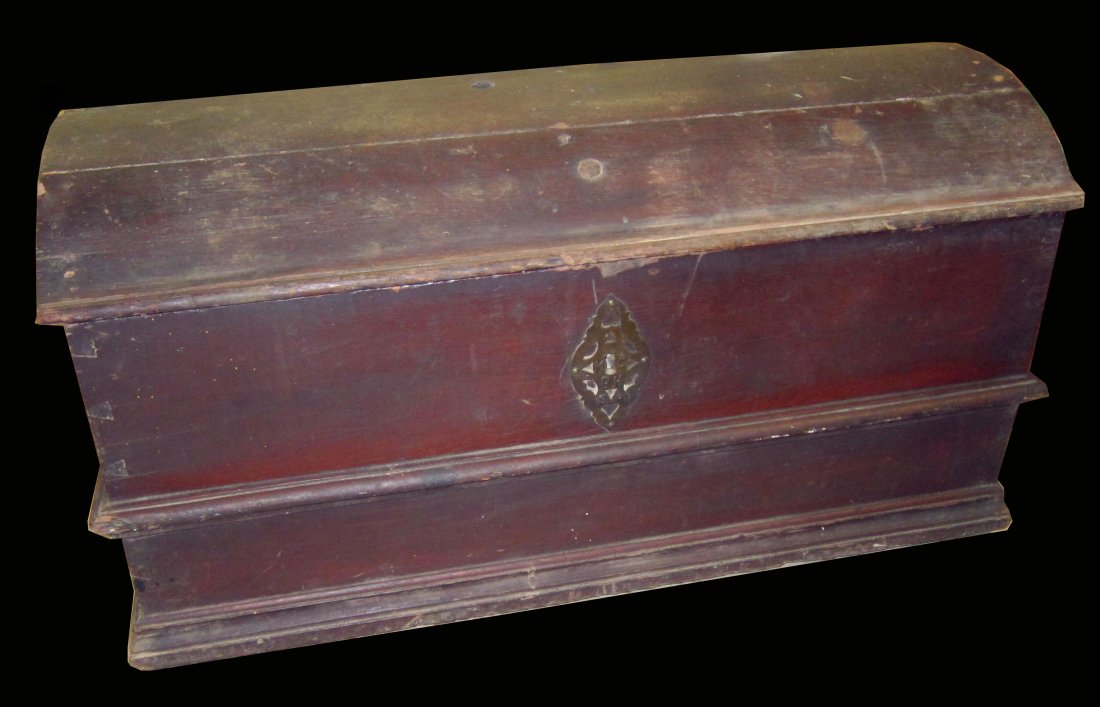 EARLY DOME TOP TRUNK - OAK: Escutcheon reads: "MCBH" "1801"; wrought iron handles and strap hinges; hole drilled in top; separation in lid; needs hinge pin; H-24", L-46", F-G