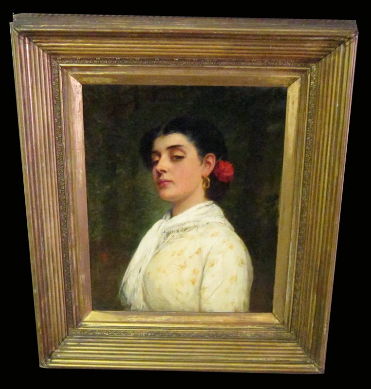 PORTRAIT PAINTING OF YOUNG WOMAN: C. S. L. monogram; gilt frame; patch repair on reverse; 21" x 19", G