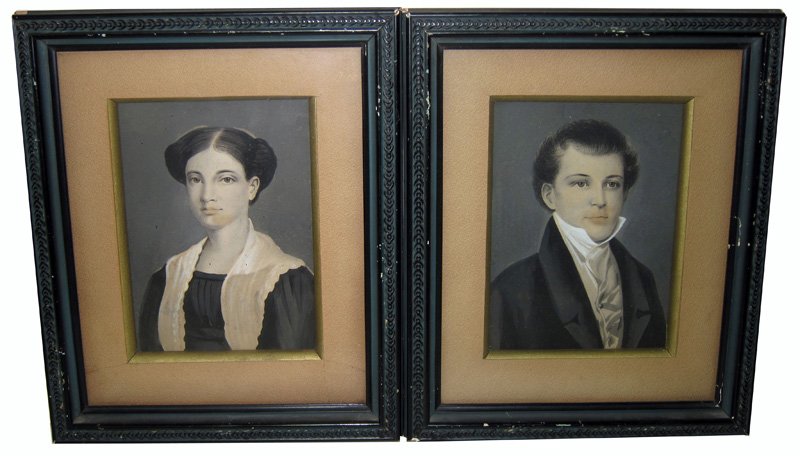 PAIR OF 19TH CENTURY PORTRAITS: Watercolor of young man and woman; identified on reverse; "Brockenburgh" (?); Henry Grieve framing labels; matted and framed; minor toning; 7" x 5", G-VG