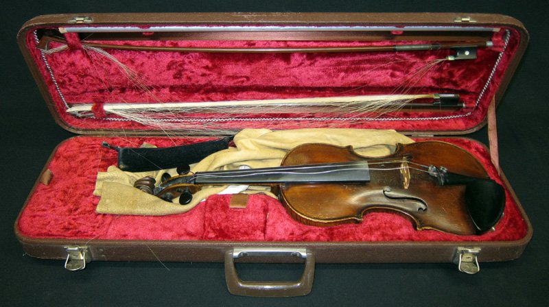 VIOLIN IN CASE: Unmarked; two bows; replaced bridge; L-23 1/2", G