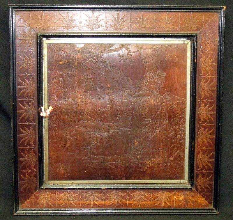 VICTORIAN TRIPTYCH MIRROR: (2) pressed wood panels with courting scenes; pressed wood floral border; faded; 17" x 17", G