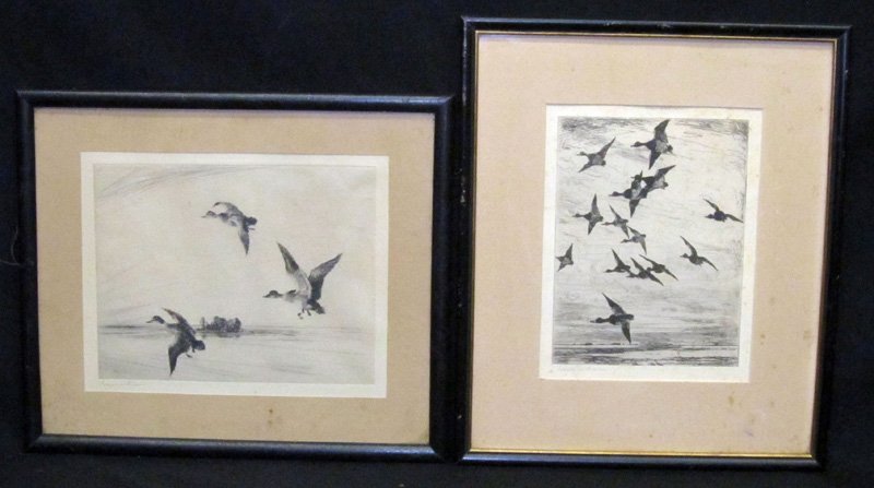 FRANK BENSON WATERFOWL ETCHINGS (2): Pencil signed; matted and framed; light toning and foxing on one; largest 8" x 9 1/2", F-G