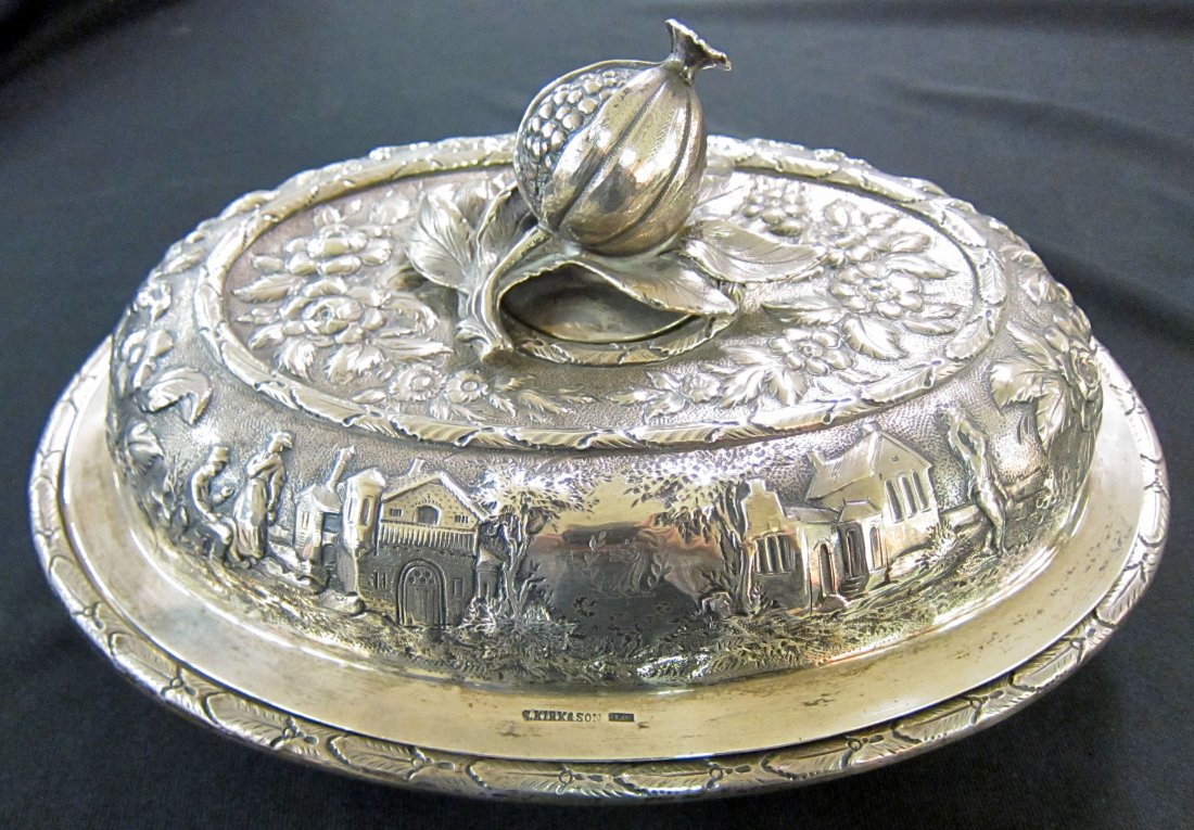 S. KIRK & SON STERLING REPOUSSE COVERED DISH: Large pomegranate finial; village scenes and floral repousse; polish wear; 63.05 TO; L-12", G-VG