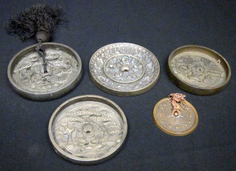 CHINESE BRONZE MIRRORS (5): Cast bronze, Dia.-2 3/4" - 4 3/4", G-VG