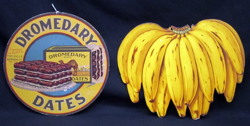 FRUIT ADVERTISING HANGERS (2): Litho cardboard, double sided; (1) Dromedary Dates - minor rubs and edge roughness; (1) Unifruit Co. Bunch of Bananas - diecut, small repair and edge roughness; tallest H-10", G-G+